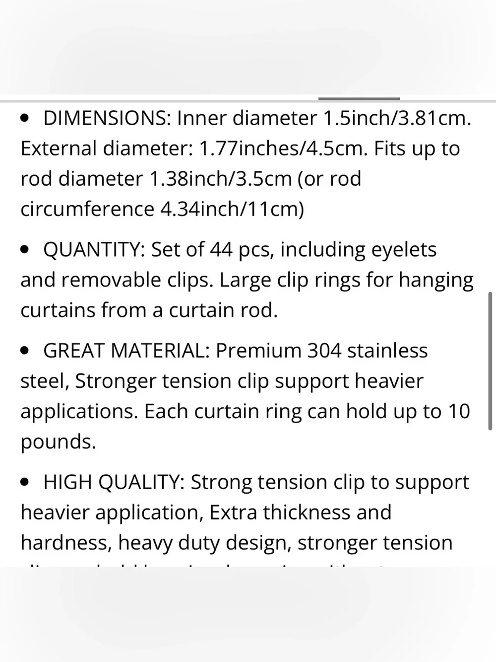 1.5” Metal Curtain Rings with Clips for 1”Tension Rod 44pcs - BLACK MATTE